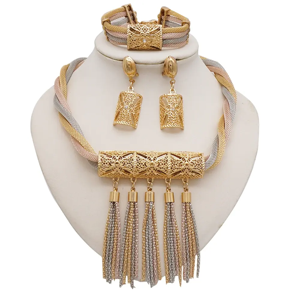 long tassel necklace set three tone color jewelry four pieces set drop earrings bracelet ring