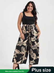【 Plus Size】 Belted Tie Front Wide Leg Tank Jumpsuit, Casual Comfort Chic Fashion Style Jumpsuit for Women, Loose Fit Boho Square Neck Sleeveless Overalls for Vacation Holiday, Women's Clothing for Summer, Bohemian Womenswear