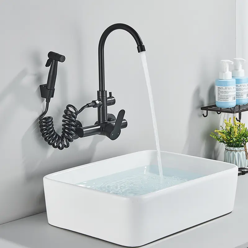Onyzpily Matte Black Kitchen Faucet With Spray Gun Wall Mounted Hot Cold Water Mixer Tap Rotatable Faucets Dual  Water Mode 1