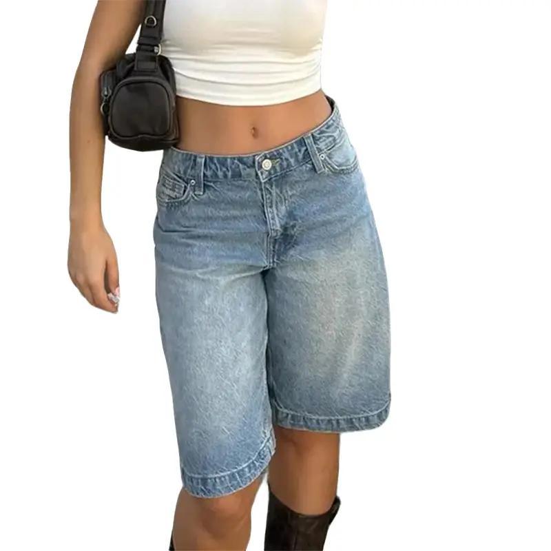 Y2k Aesthetic Bermuda Denim Shorts 90sVintage Low Rise Wide Leg Knee LengthCarpenter Jean Shorts Women Cow Girl BaggyJorts Womenswear Bottom 0