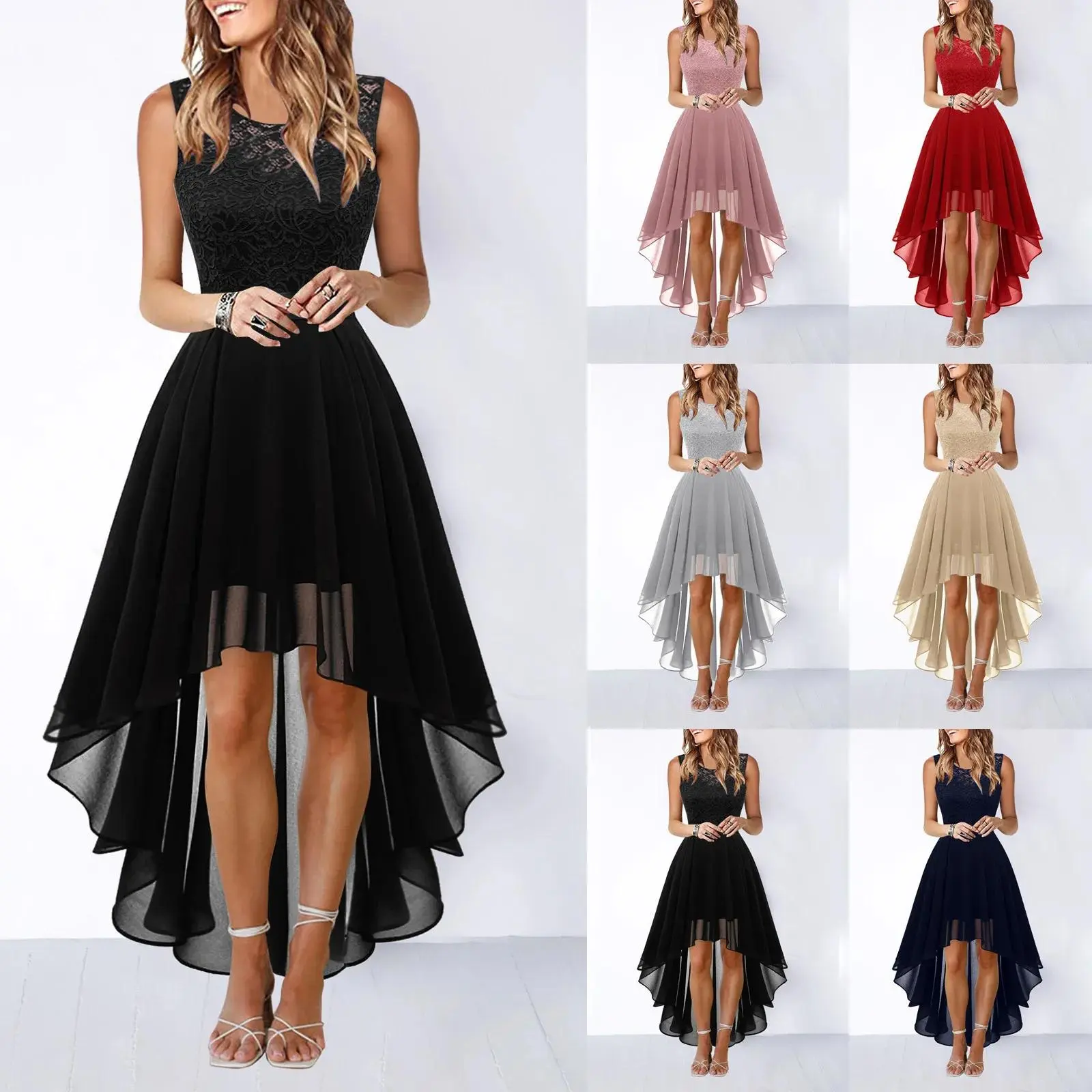 New Cross-Border Hollow out Waist Shaping Chiffon Dress Evening Lace Dress Sleeveless Style from Mainland China