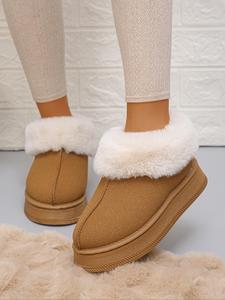 Minimalist Solid Color Round Toe Thick Soles Boots, Casual Comfortable Fuzzy Lined Slip on Platform Boots for Fall & Winter, Fluffy Snow Boots for Women, Winter Shoes for Women