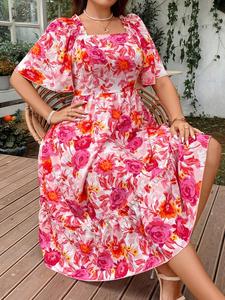 Plus Size Floral Print Short Sleeve Shirred A Line Dress, Sundress, Boho Clothes, Casual Frill Trim Square Neck Dress, Summer Outfits 2024, Dresses for Women