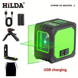 2-Line Mini Portable Laser Level, Auto-Leveling Laser Level with Cross Vertical & Horizontal Green Lines, High Precision, 360° Rotatable Magnetic Bracket, Height-Adjustable Tripod - Easier for Ceiling Work, Rechargeable Lithium Battery