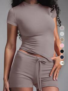 Women's Solid Color Modal Loungewear Two-piece Set, Casual Comfy Slim Fit Short Sleeve Round Neck Tee & Drawstring Waist Shorts Pj Set, Ladies Sleepwear for All Seasons, Womenswear, Basic Shortsleeve Homewear, Summer Sleep Set, Pajama