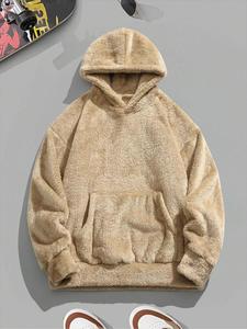 Men's Solid Pocket Thermal Lined Hoodie, Casual Loose Long Sleeve Hooded Pullover for Fall & Winter, Men's Clothes for Daily Wear