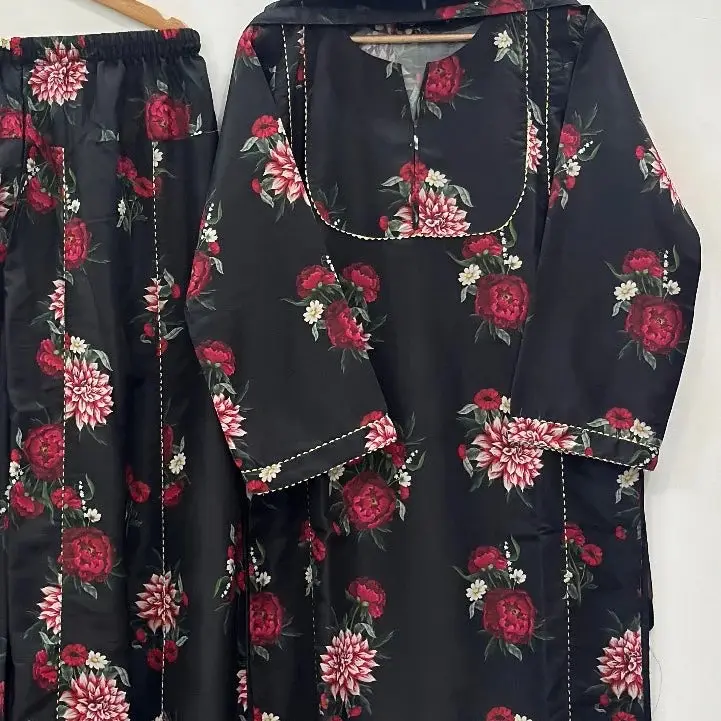 Women's Slub Lawn Suit - Loose Fit 3 Piece Set with Top, Bottom, and Dupatta for Summer with Shaffon duppata