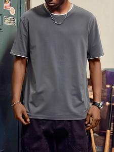 Men's Solid Top Stitching Short Sleeve Tee, Loose Casual Comfy T-shirt for Summer, Men's Clothes for Daily Wear, Tropical