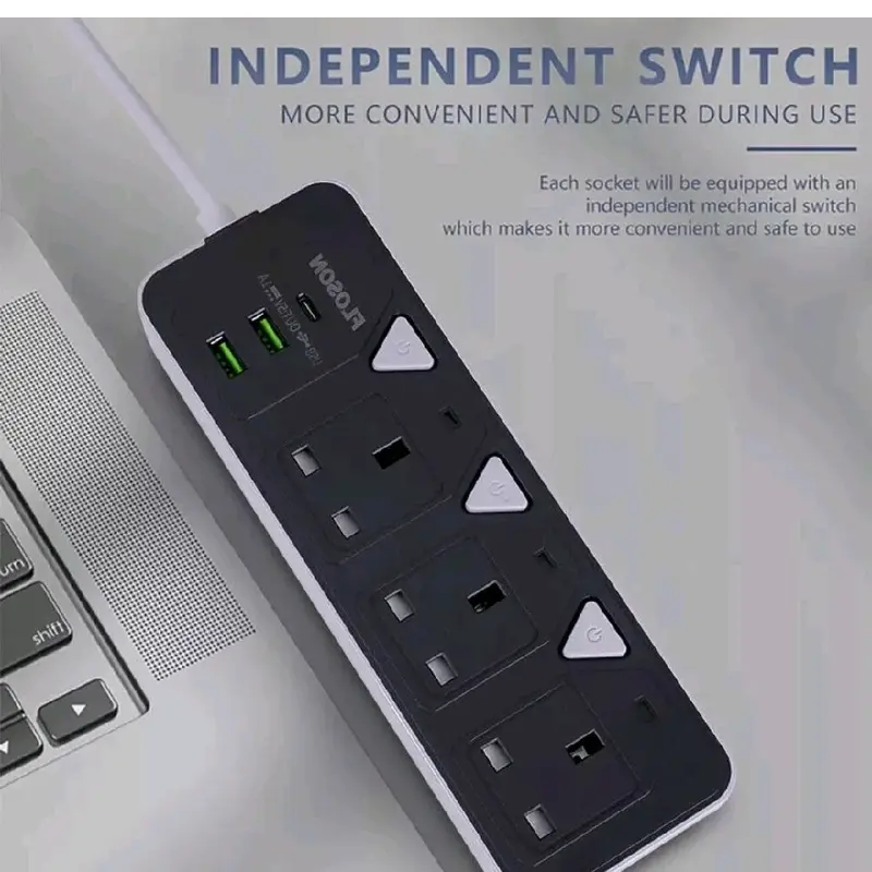 5M Extension Lead with 2 USB Cable Electric Plug Socket UK Mains 3 Gang Way UK 2