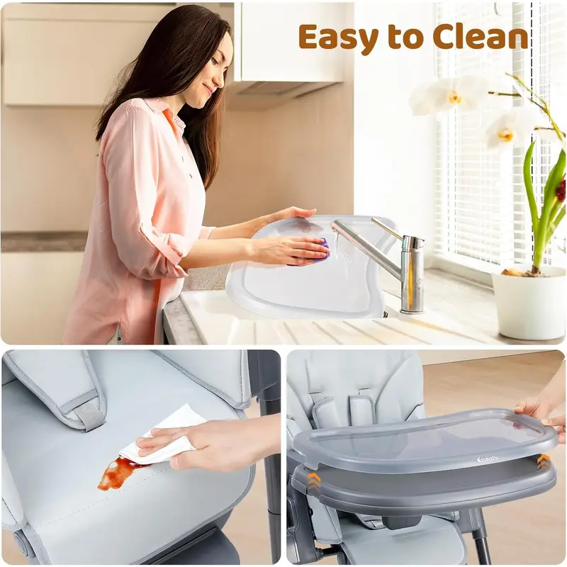 Baby Highchair, Foldable and Adjustable Baby Chair, 6 Height Settings, 4 Recline Positions, 3 Tray Positions, Adjust Footrest, Portable High Chair for Baby and Toddler (Grey) 5