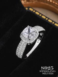 925 Sterling Silver Luxury Rhinestone Decorated Square Ring, Fashion Hand Matching Jewelry Accessories for Women, Elegant All-match Fashion Accessories for Daily Wear, Valentine's Day Gift