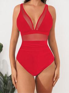 Women's Plain Contrast Mesh V Neck One-piece Swimsuit, Casual Sleeveless Swimwear for Summer, Ladies Swimsuit for Beach Holiday Vacation, Swimsuit for Women