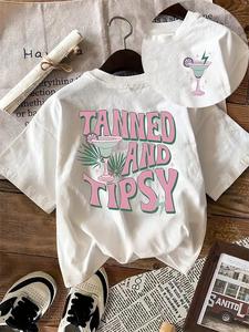 Women's Cartoon Drink Print Round Neck Tee, Fashion Casual Crew Neck T-Shirt for Daily Holiday Vacation Outdoor Wear, Ladies Clothes for Summer