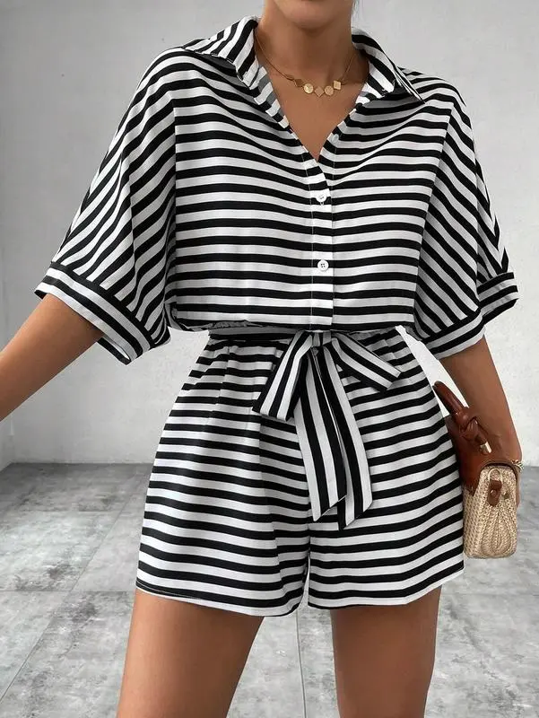 Women's Striped Print Romper, Casual BeltedRomper for Summer, Fashion Women's Clothesfor Daily Wear Comfortable Fit Womenswear Elegance 5
