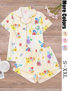 Women's All Over Floral Print Top & Elastic Waist Shorts Pyjama Two-piece Set, Casual Comfy Short Sleeve  Top & Shorts Pj Set, Ladies Sleepwear for All Seasons
