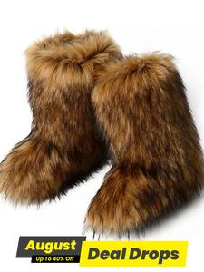 Women's Brown Color Faux Fur Boot, Fluffy Ankle Snow Boots, Casual Boots, Warm Comfortable Outdoor Cute Winter Boot Shoes for Cold Winter, Trending Shoes, Footwear