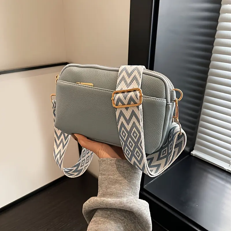 [Durable Pu] Chic Women's Crossbody Bag with Wide Geometric Strap, Solid Color Square Shoulder Purse, Zippered Closure, Nylon Lining, Secure Travel Bag |   Fashionable Accessory |   Bag, Crossbody Purse