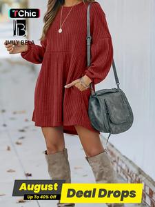 Women's Plain Textured Ribbed Pocket Bishop Sleeve Dress, Casual Chic Round Neck Long Sleeve Dress for Spring & Fall, Women's Clothes for Daily Wear, Lady