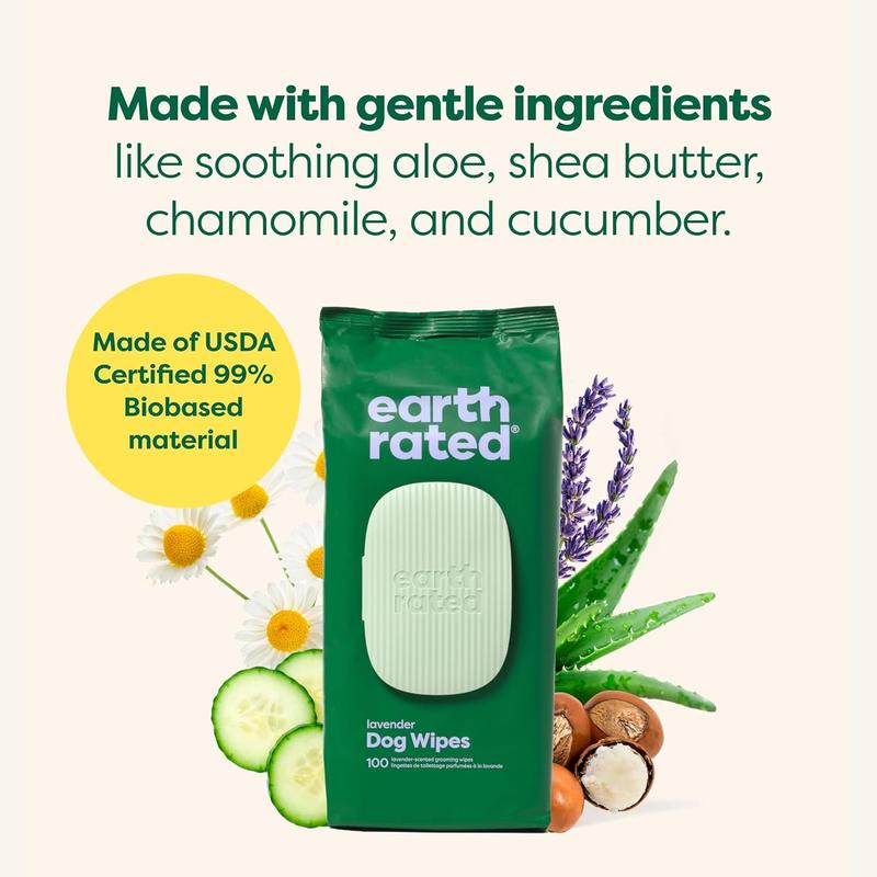 Earth Rated Hypoallergenic Dog Wipes, Cleaning and Odour-Controlling Grooming for Paws, Body, and Butt, Perfect for Puppy and Adult Dogs, Lavender Scent, 100 Count 1