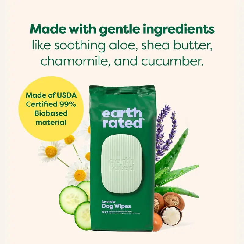 Earth Rated Hypoallergenic Dog Wipes, Cleaning and Odour-Controlling Grooming for Paws, Body, and Butt, Perfect for Puppy and Adult Dogs, Lavender Scent, 100 Count 1