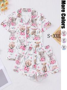 Women's All Over Cow Print Contrast Trim Shirt & Elastic Waist Shorts Pajama Two-piece Set, Casual Comfy Short Sleeve Collared Top & Shorts PJ Set, Soft Lounge Sets