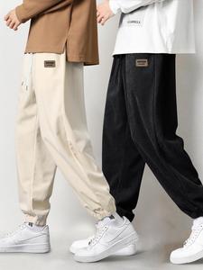 Men's Letter Patched Corduroy Pants, Casual Comfy Loose Trousers for Fall & Winter, Men's Bottoms for Daily Wear
