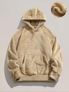 Men's Solid Pocket Thermal Lined Hoodie, Casual Loose Long Sleeve Hooded Pullover for Fall & Winter, Men's Clothes for Daily Wear