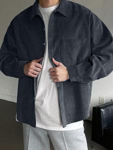 Men's Solid Button Front Pocket Shirt, Loose Casual Drop Shoulder Long Sleeve Collared Shirt for Fall & Winter, Men's Clothes for Daily Wear, Dark Gray