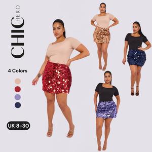ChicHero Elasticated Waist Sequin Mini Skirt Women's Casual Elegant Polyester Style Basic Glitter Metallic Black Friday Sale Outfits UK 8-30
