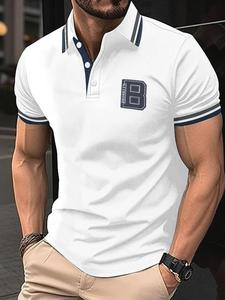 Men's Regular Fit Letter Print Stripe Trim Polo Shirt, Casual Short Sleeve Half Zip Up Collar Top for Summer, Fashion Men's Clothes for Daily Wear, Menswear