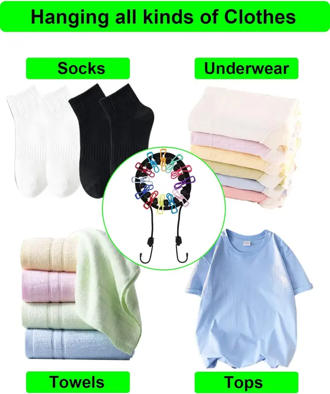 Travel Washing Line 2 Pcs - Portable Camping Washing Line with 12 Colorful Pegs - Elastic Retractable Clothes Line for Indoor and Outdoor (Black) 3