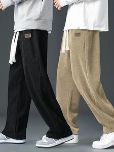 Men's Letter Patched Pocket Drawstring Waist Corduroy Pants, Casual Comfy Straight Leg Trousers for Fall & Winter, Men's Bottoms for Daily Wear