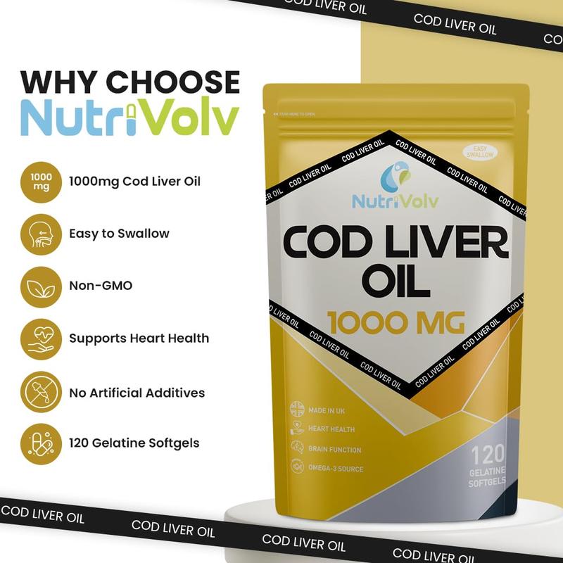 Cod Liver Oil High Strength 1000mg Heart, Brain and Joint Healthcare Supplements, Natural Rich Source of Omega 3 Fatty Acids | 120 Capsules 1