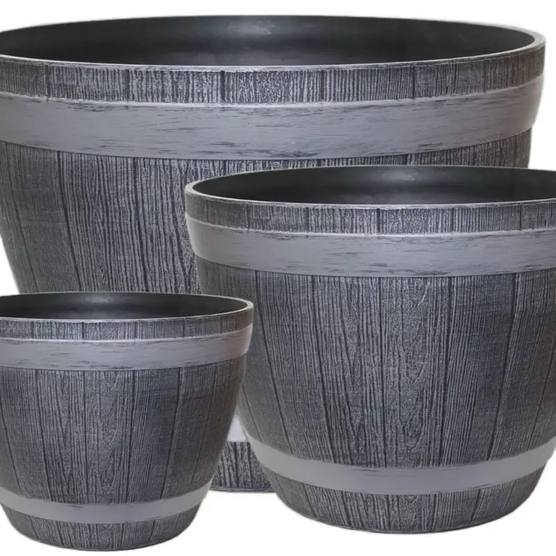 Grey Wooden Barrel Planter for Outdoor Garden - Round Plastic Pot for Flower and Tree 4