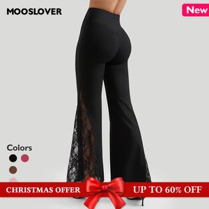 Mooslover UK Delicate Lace Panel Flared Pants High Waisted Stretchy Long Pants Womenswear Bottom Comfort Trouser【ChristmasOutfits】