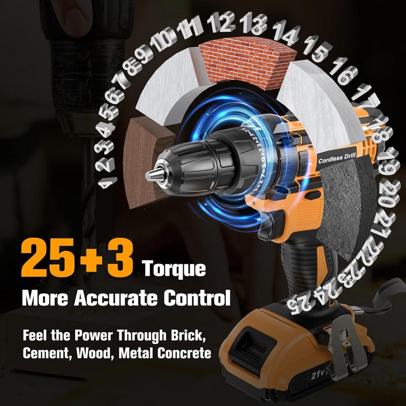 JYGMPRO Cordless Drill Driver 21V, Hammer Drill with 2 Batteries 2000mAh, 25+3 Torque, 42N.m Max Electric Drill, 30PCS Drill Bits, 2 Speed, LED Light for Home and Garden DIY Project 3