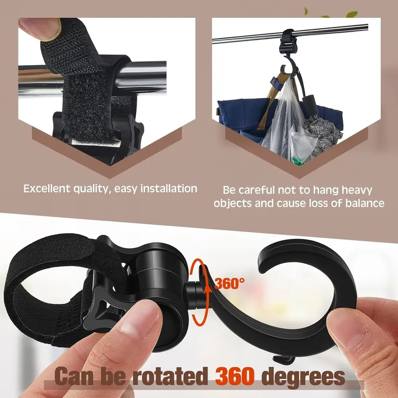 2 Pcs Walker Hook Hanging Multipurpose 360° Rotation Stroller Clip Diaper Bag Hanger for Walker Rollator Crutches Wheelchair Shopping Cart Car Back Seat Purses Bike Wheelchair Pushchair, Black 3