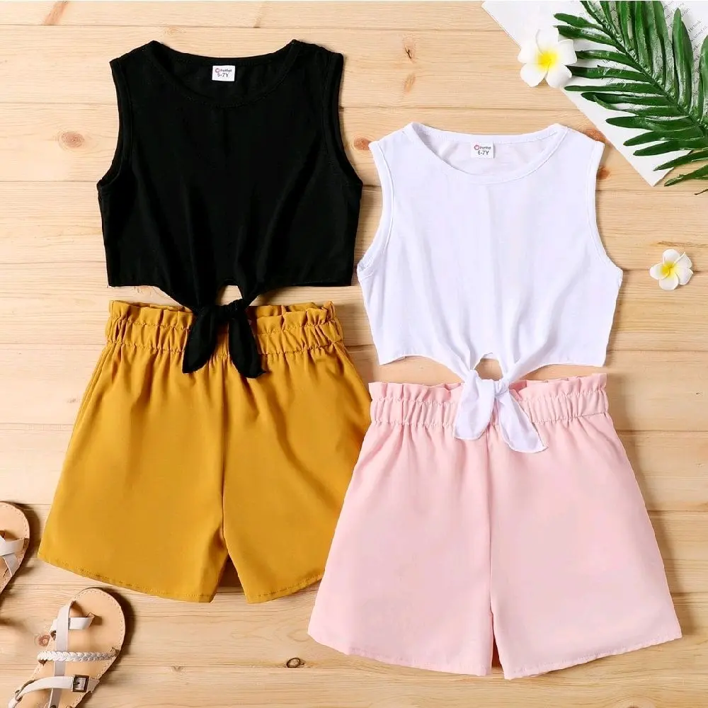 Girls Tie Knot Sleeveless Top & Paperbag Shorts Set