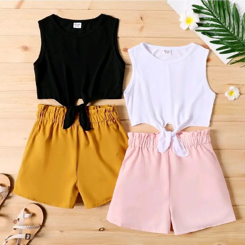 Girls Tie Knot Sleeveless Top & Paperbag Shorts Set 0