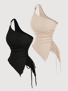 Women's Solid Ruched Asymmetrical Hem Tank Top, Elegant One Shoulder Drawstring Side Top for Daily Wear, Ladies Clothes for All Seasons