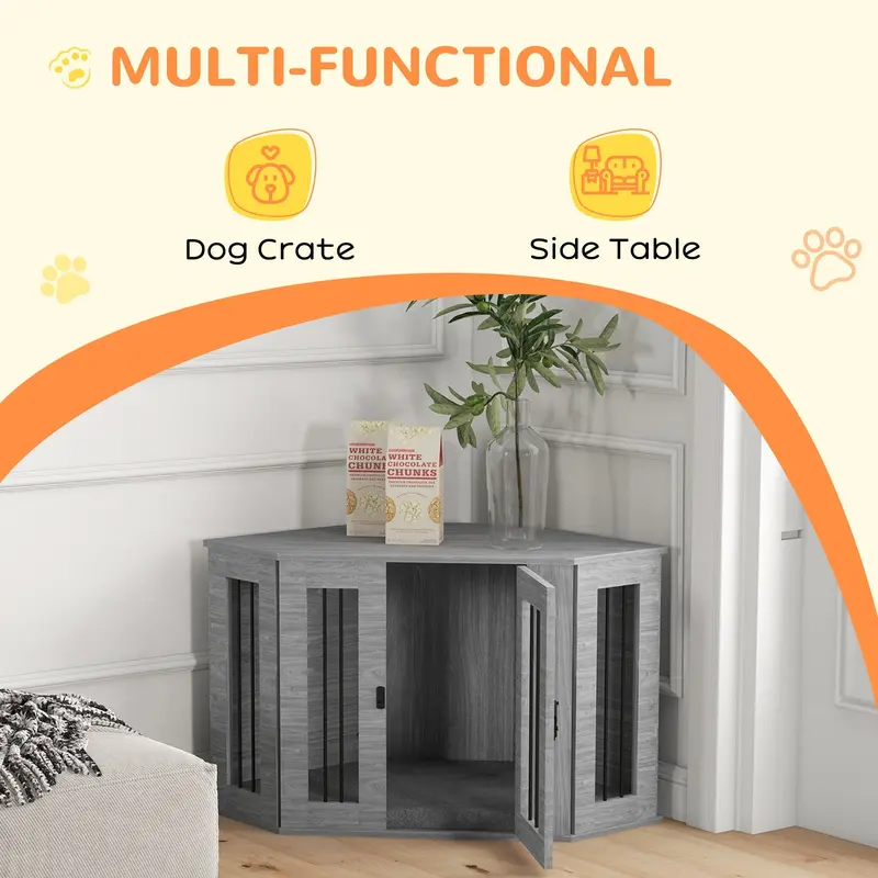 PawHut Dog Crate with Cushion, Conner Dog Crate Furniture, 104 x 55 x 63 cm, Grey 3