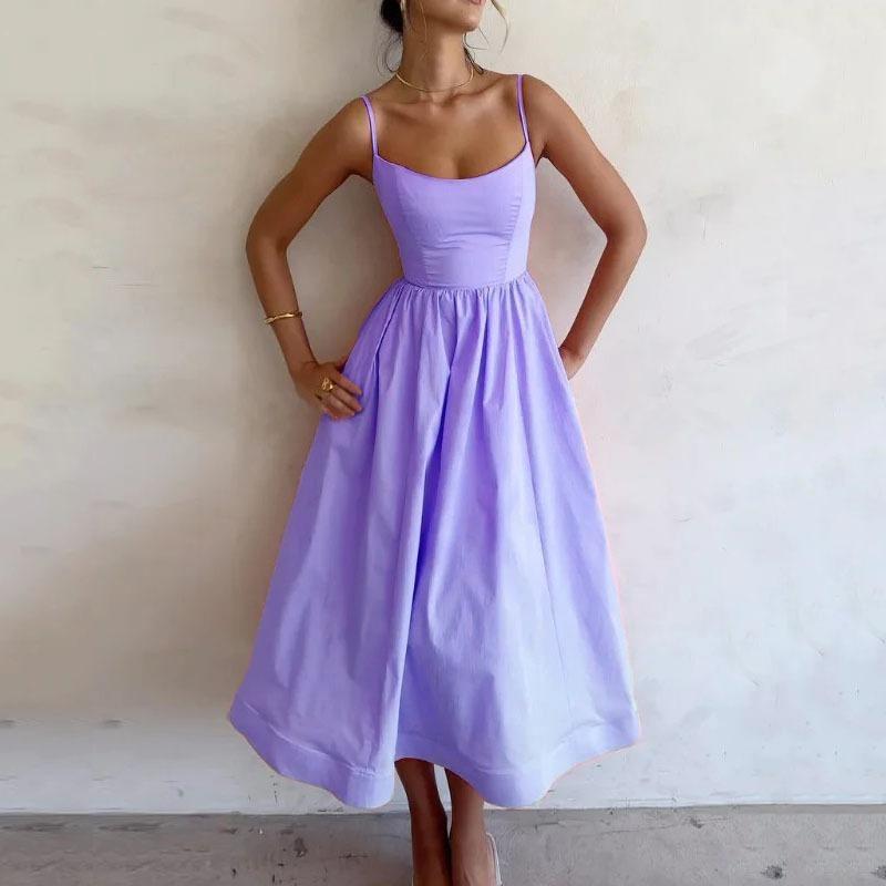 New Women's Clothing Temperament Commute Sexy Low-Cut Slim Fit Waist Trimming Spaghetti Straps Big Swing Dress Women Formal Womenswear 1
