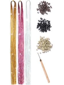 48 Inch Glitter Hair Tinsel Kit, 3 Colors Glitter Hair Extensions with Tools, Heat Resistant Hair Extensions for Women & Girls, Cosplay Accessories