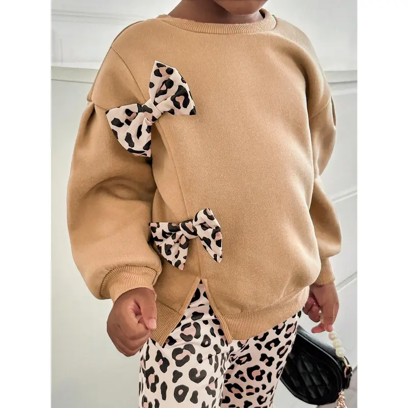 2pcs/Set Young Girl Solid Color Round Neck 3D Leopard Print Bow Knitted Sweater Top With Leopard Print Knitted Pants 5