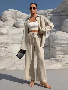 Women's Solid Button Front Shirt & Tie Front Wide Leg Pants Two-piece Set, Casual Drop Shoulder Long Sleeve Top & High Waist Trousers 2 Piece Set for Spring & Fall, Women's Clothes for Daily Wear, Linen Set, Casual Suit Set