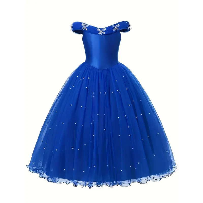 [Princess Dress | Off-Shoulder] Off-Shoulder One-Sleeve Girl's Princess Dress | Tulle with Artificial Diamonds and Pearls | for Festivals, Parties, Weddings, Flower Girl Dresses, Youngsters's Day Performances, Birthday Party Evening Gowns 0