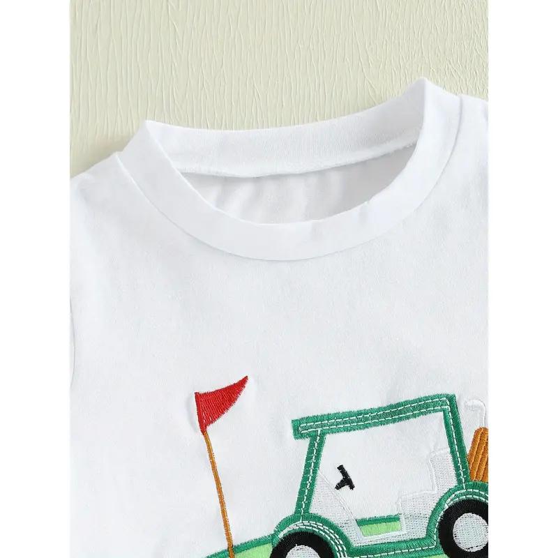 Boys Summer Shorts Sets Short Sleeve O Neck Chick/Golf Court/Cattle Head Embroidery Tops Plaid Shorts Sets 4