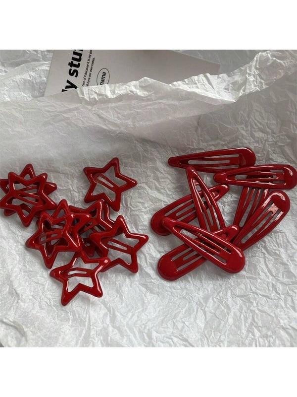 Street 10pcs/Set Women's Red Oil Drop, Star, Waterdrop Pattern Back Head Hair Clips, Suitable For Daily, Home, Commuting And College Outfit Decoration, Simple And Cute Style 1