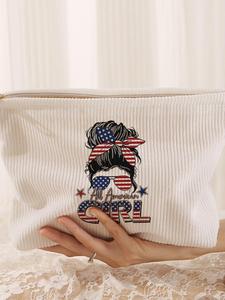 A fashionable corduroy makeup bag with a printed figure head pattern, in a cartoon style, cute, lightweight and multi-functional, fashionable and casual makeup bag, multi-functional storage bag, travel makeup bag, suitable for Independence Day leisure tra