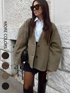 Women's Solid Button Front Pocket Woolen Coat, Basic Casual Long Sleeve Deep V Neck Outerwear for Fall & Winter, Women's Clothing for Daily Wear, Jackets